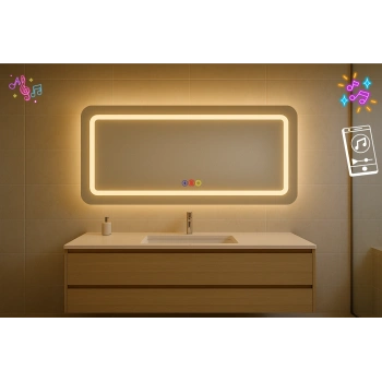 80x120 cm Dikdörtgen Kumlama Ledli Bluetoothlu Buğu Önleyicili Üç Dokunmatik Tuşlu Banyo Aynası