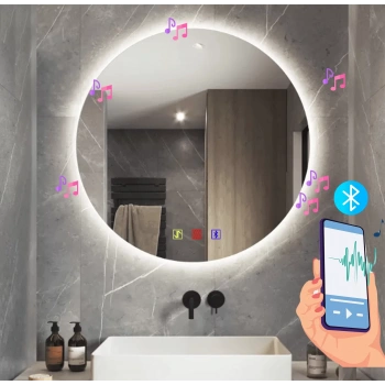 90 cm (çap) Bluetoothlu Buğu Çözücülü Dokunmatik Işıklı Ledli Yuvarlak Banyo Aynası