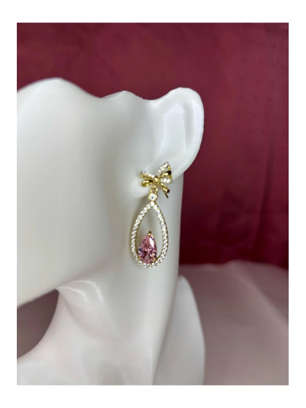 Gold Pembe Taşlı Zarif VIP Küpe