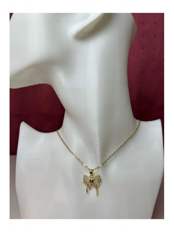 Çelik Gold Zirkon Taşlı Kelebek Kolye