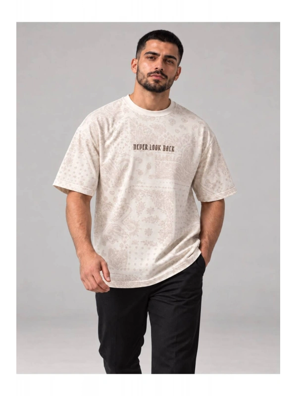 Erkek Bisiklet Yaka Oversize Baskılı T-shirt