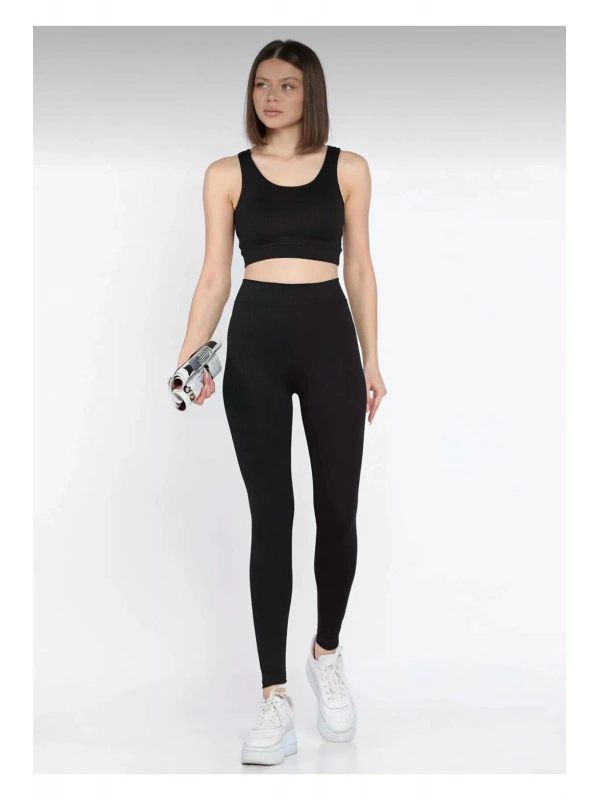 Siyah Kadın Kalın Askılı Fitilli Crop Yüksek Bel Sporcu Tayt İkili Takım