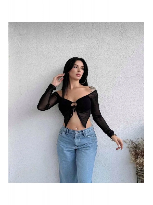 Kadın Tül Detaylı Kelebek Model Crop Bluz