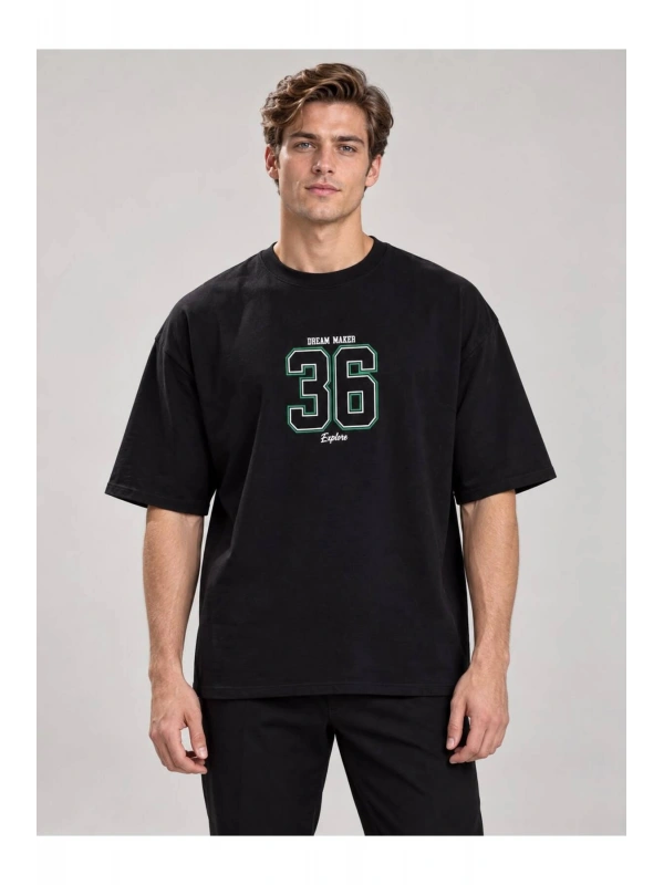 Erkek Bisiklet Yaka Oversize Baskılı T-shirt