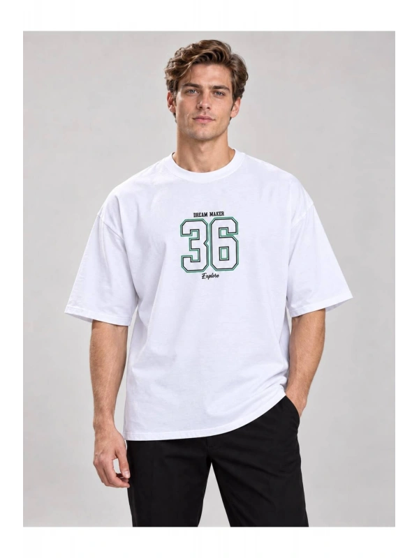 Erkek Bisiklet Yaka Oversize Baskılı T-shirt