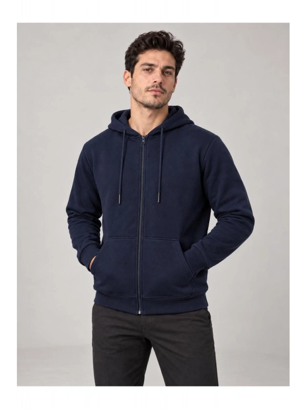 Erkek Oversize Kapüşonlu Tam Fermuarlı Kanguru Cepli Şardonlu Sweatshirt