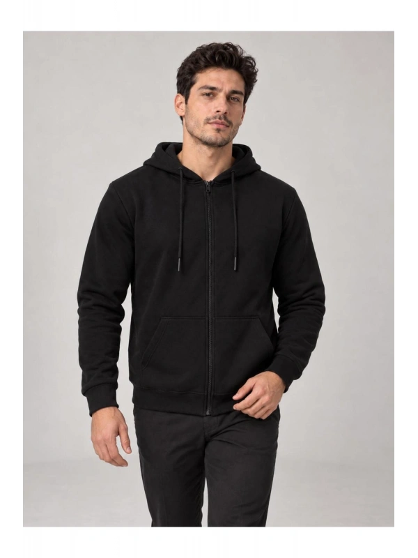Erkek Oversize Kapüşonlu Tam Fermuarlı Kanguru Cepli Şardonlu Sweatshirt