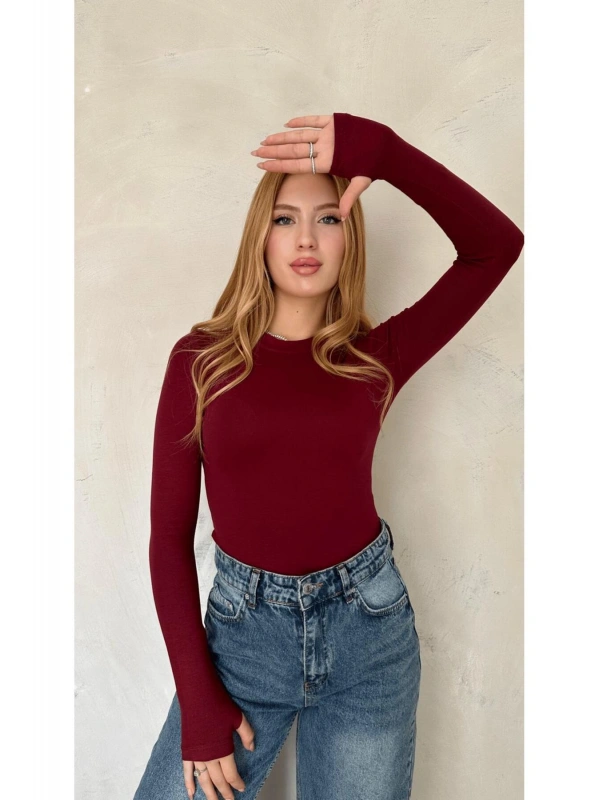 Kadın Bordo Likralı Uzun Kollu Basic Body – Fit Kalıp, Esnek ve Yumuşak Dokulu