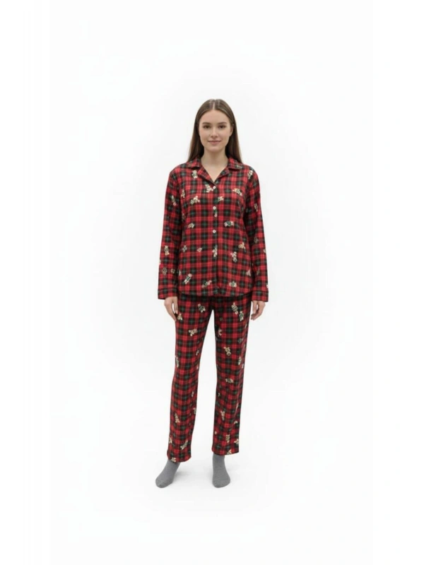 Kadın Kırmızı Ayıcık Desenli Düğmeli Uzun Kollu Pijama Takımı