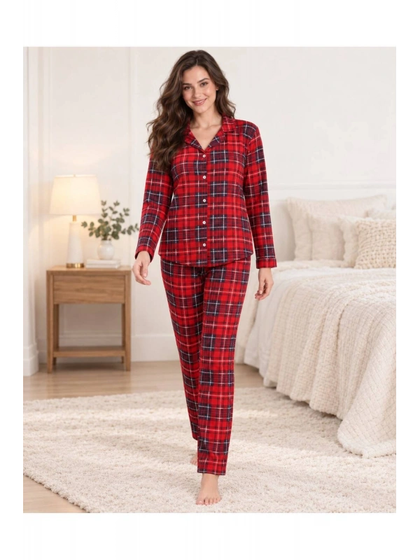 Ekose Desenli Düğmeli Uzun Kollu Kadın Pijama Takımı