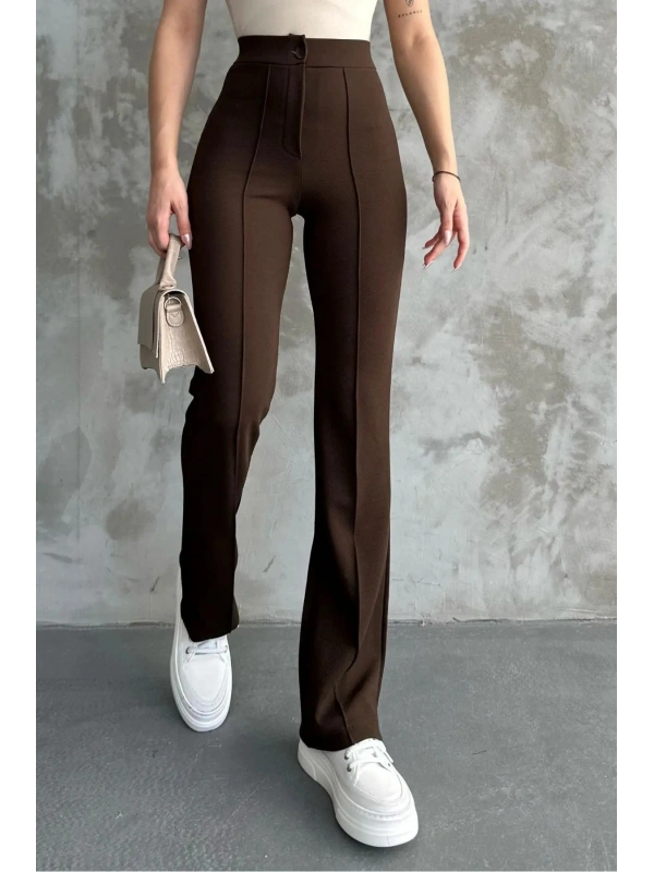Kadın Yüksek Bel İspanyol Paça Krep Kumaş Pantolon — Slim Fit Şık Pantolon