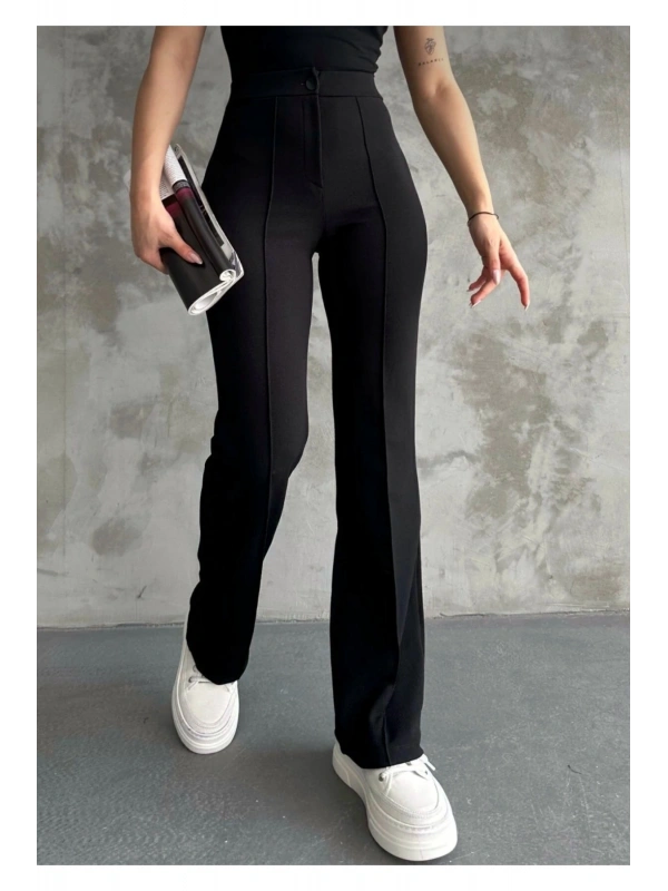 Kadın Yüksek Bel İspanyol Paça Krep Kumaş Pantolon — Slim Fit Şık Pantolon