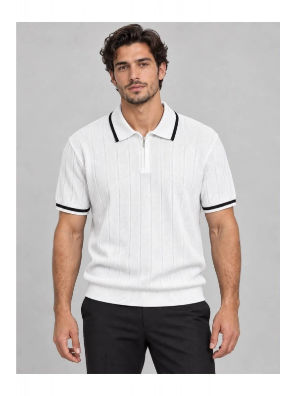 Fermuarlı Polo Yaka Kısa Kollu Triko T-shirt