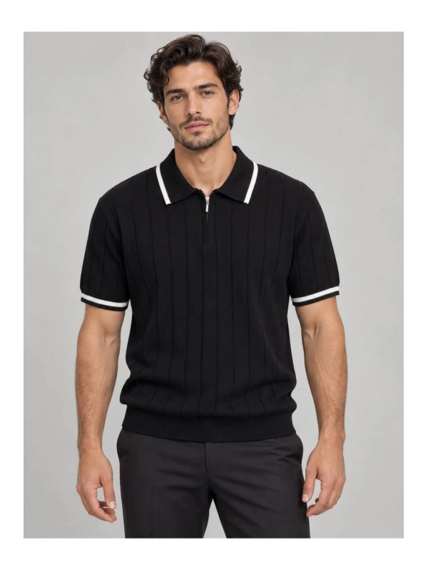 Fermuarlı Polo Yaka Kısa Kollu Triko T-shirt