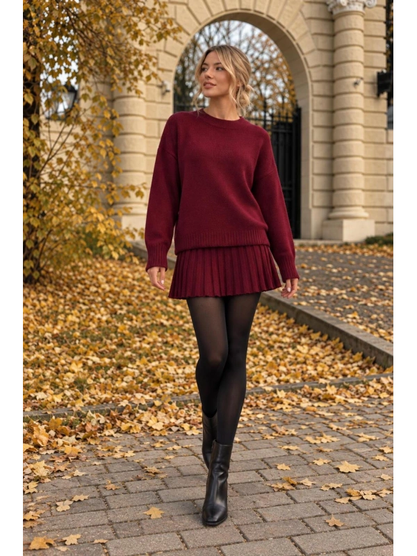 Kadın Bordo Bisiklet Yaka Oversize Triko Kazak Piliseli Mini Etek İkili Takım