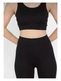 Siyah Kadın Kalın Askılı Fitilli Crop Yüksek Bel Sporcu Tayt İkili Takım