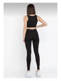 Siyah Kadın Kalın Askılı Fitilli Crop Yüksek Bel Sporcu Tayt İkili Takım