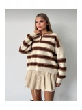 Kadın Çizgili Polo Yaka Oversize Triko Kazak