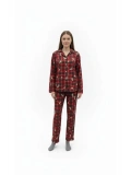 Kadın Kırmızı Ayıcık Desenli Düğmeli Uzun Kollu Pijama Takımı