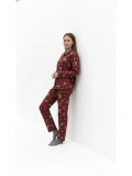 Kadın Kırmızı Ayıcık Desenli Düğmeli Uzun Kollu Pijama Takımı