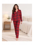 Ekose Desenli Düğmeli Uzun Kollu Kadın Pijama Takımı