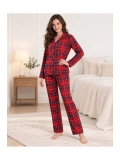 Ekose Desenli Düğmeli Uzun Kollu Kadın Pijama Takımı