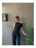 Kadın Waffle Kumaş Kayık Yaka Crop Bluz Pantolon Takım — Rahat Şık Yazlık 2’li Takım