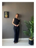 Kadın Waffle Kumaş Kayık Yaka Crop Bluz Pantolon Takım — Rahat Şık Yazlık 2’li Takım