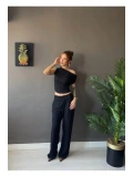Kadın Waffle Kumaş Kayık Yaka Crop Bluz Pantolon Takım — Rahat Şık Yazlık 2’li Takım