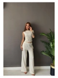 Kadın Waffle Kumaş Kayık Yaka Crop Bluz Pantolon Takım — Rahat Şık Yazlık 2’li Takım