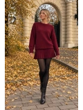 Kadın Bordo Bisiklet Yaka Oversize Triko Kazak Piliseli Mini Etek İkili Takım