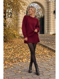 Kadın Bordo Bisiklet Yaka Oversize Triko Kazak Piliseli Mini Etek İkili Takım
