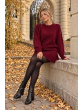 Kadın Bordo Bisiklet Yaka Oversize Triko Kazak Piliseli Mini Etek İkili Takım