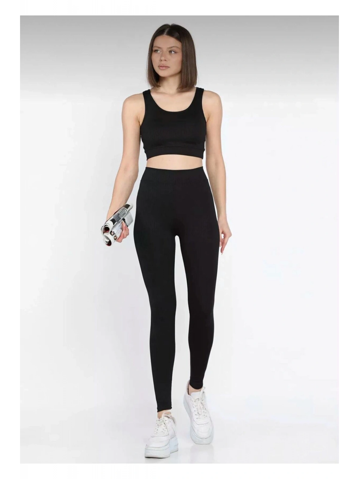 Siyah Kadın Kalın Askılı Fitilli Crop Yüksek Bel Sporcu Tayt İkili Takım