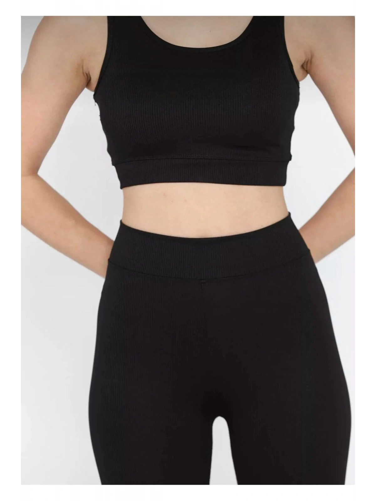 Siyah Kadın Kalın Askılı Fitilli Crop Yüksek Bel Sporcu Tayt İkili Takım