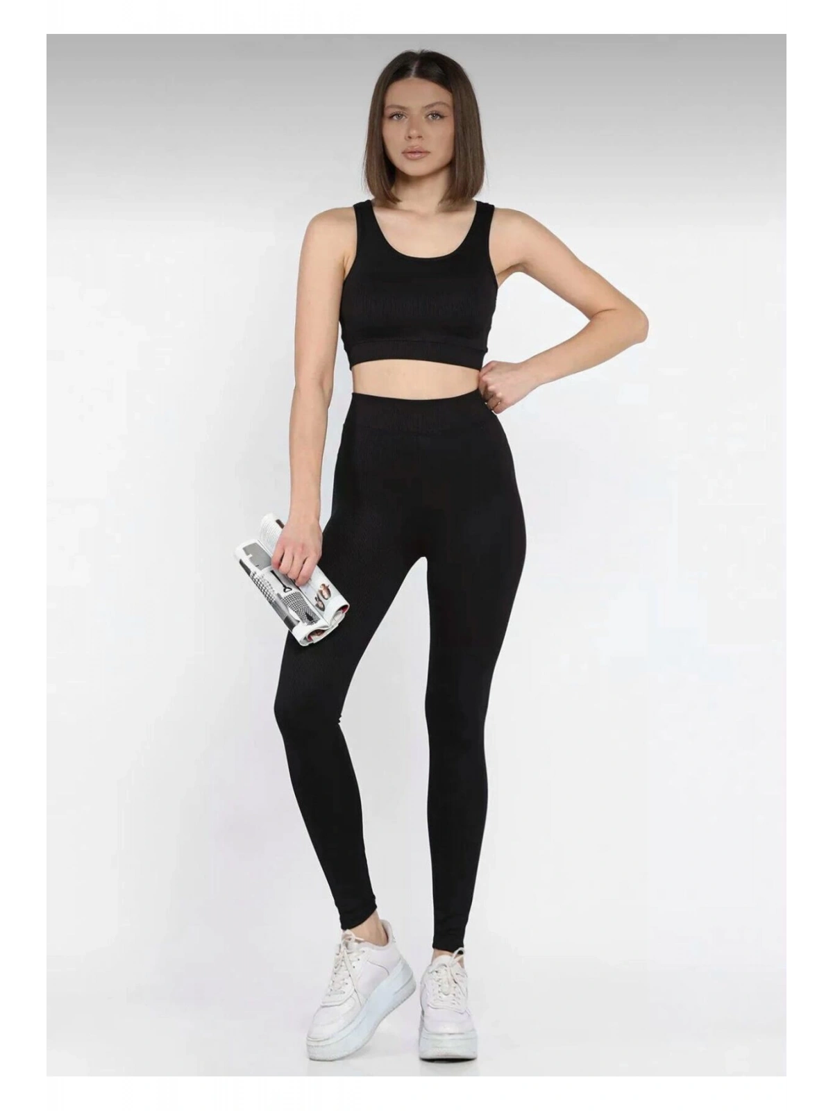 Siyah Kadın Kalın Askılı Fitilli Crop Yüksek Bel Sporcu Tayt İkili Takım
