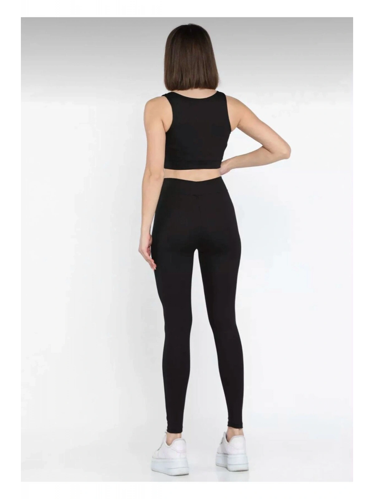 Siyah Kadın Kalın Askılı Fitilli Crop Yüksek Bel Sporcu Tayt İkili Takım