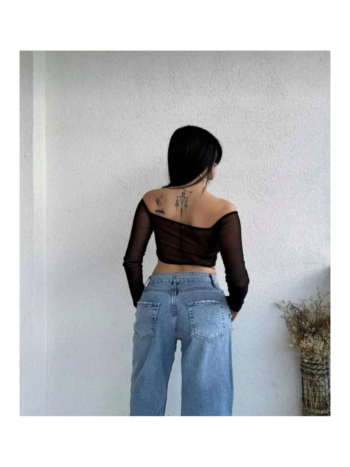 Kadın Tül Detaylı Kelebek Model Crop Bluz