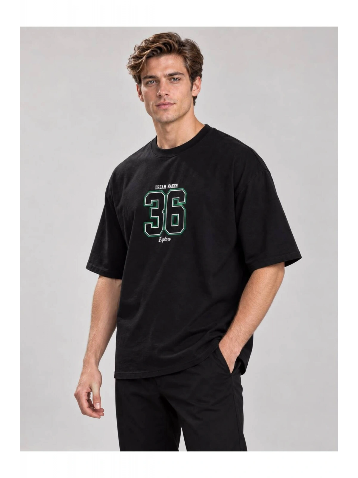 Erkek Bisiklet Yaka Oversize Baskılı T-shirt