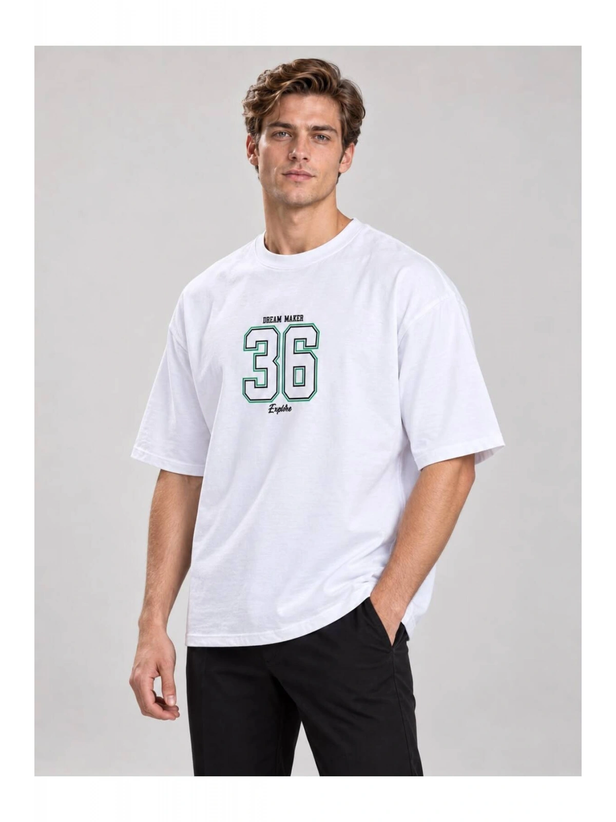 Erkek Bisiklet Yaka Oversize Baskılı T-shirt