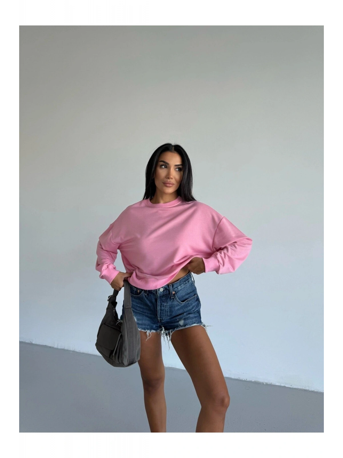 Kadın Pembe Bisiklet Yaka 2 İplik Sweatshirt HZL25W-FRY123391