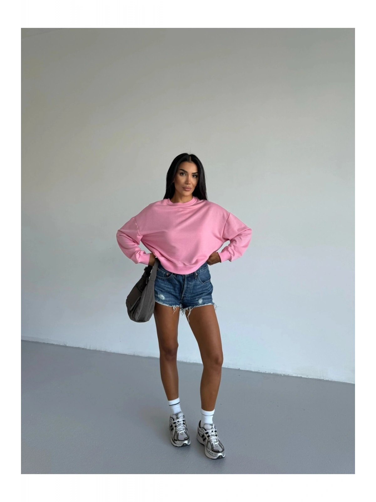 Kadın Pembe Bisiklet Yaka 2 İplik Sweatshirt HZL25W-FRY123391