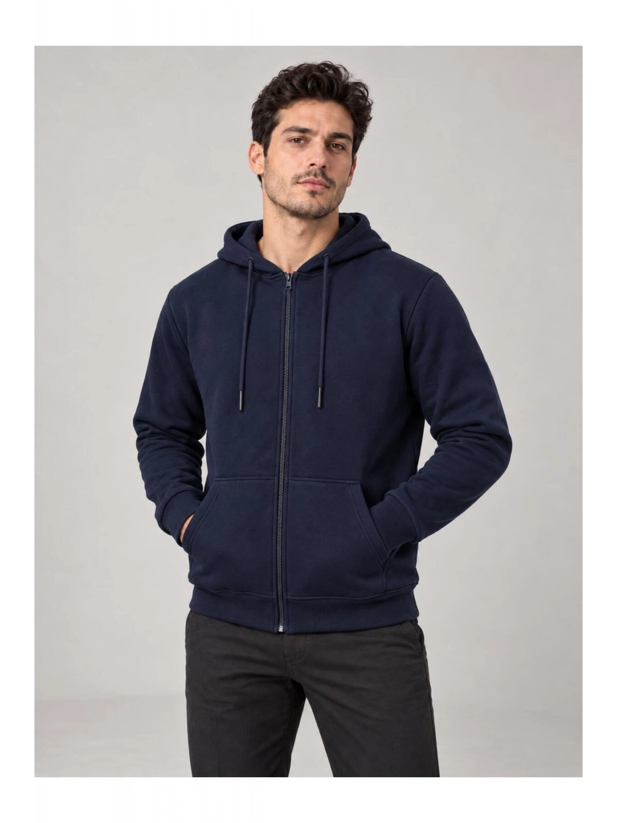 Erkek Oversize Kapüşonlu Tam Fermuarlı Kanguru Cepli Şardonlu Sweatshirt