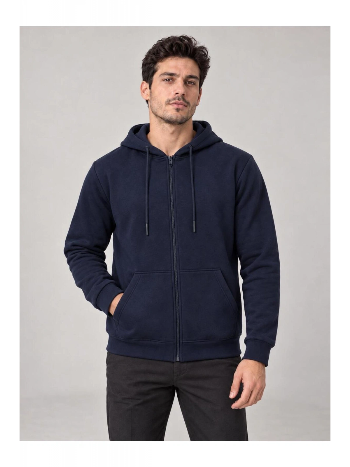 Erkek Oversize Kapüşonlu Tam Fermuarlı Kanguru Cepli Şardonlu Sweatshirt