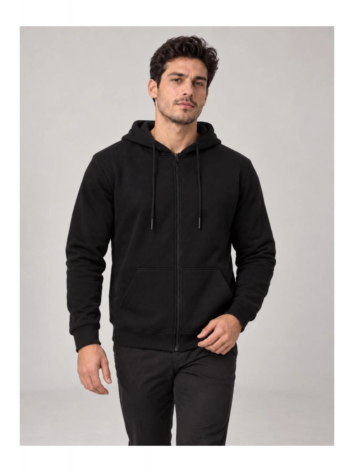 Erkek Oversize Kapüşonlu Tam Fermuarlı Kanguru Cepli Şardonlu Sweatshirt