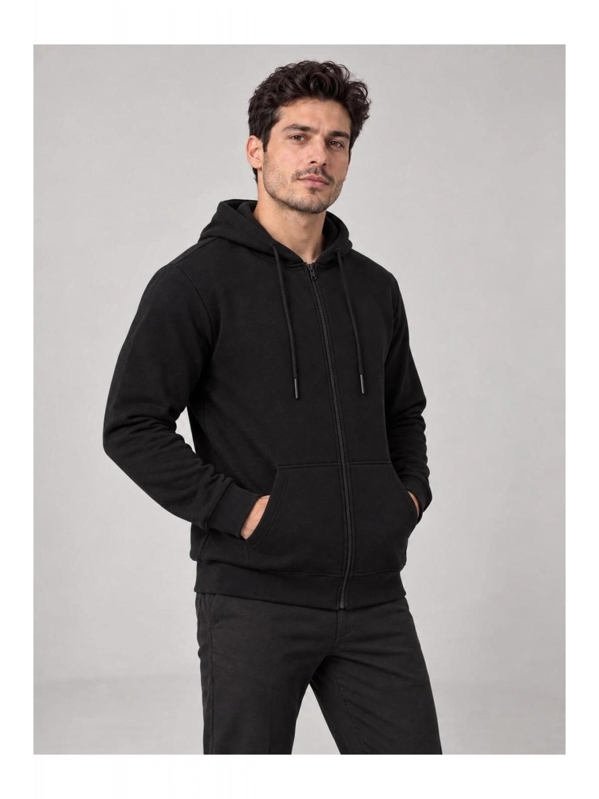 Erkek Oversize Kapüşonlu Tam Fermuarlı Kanguru Cepli Şardonlu Sweatshirt
