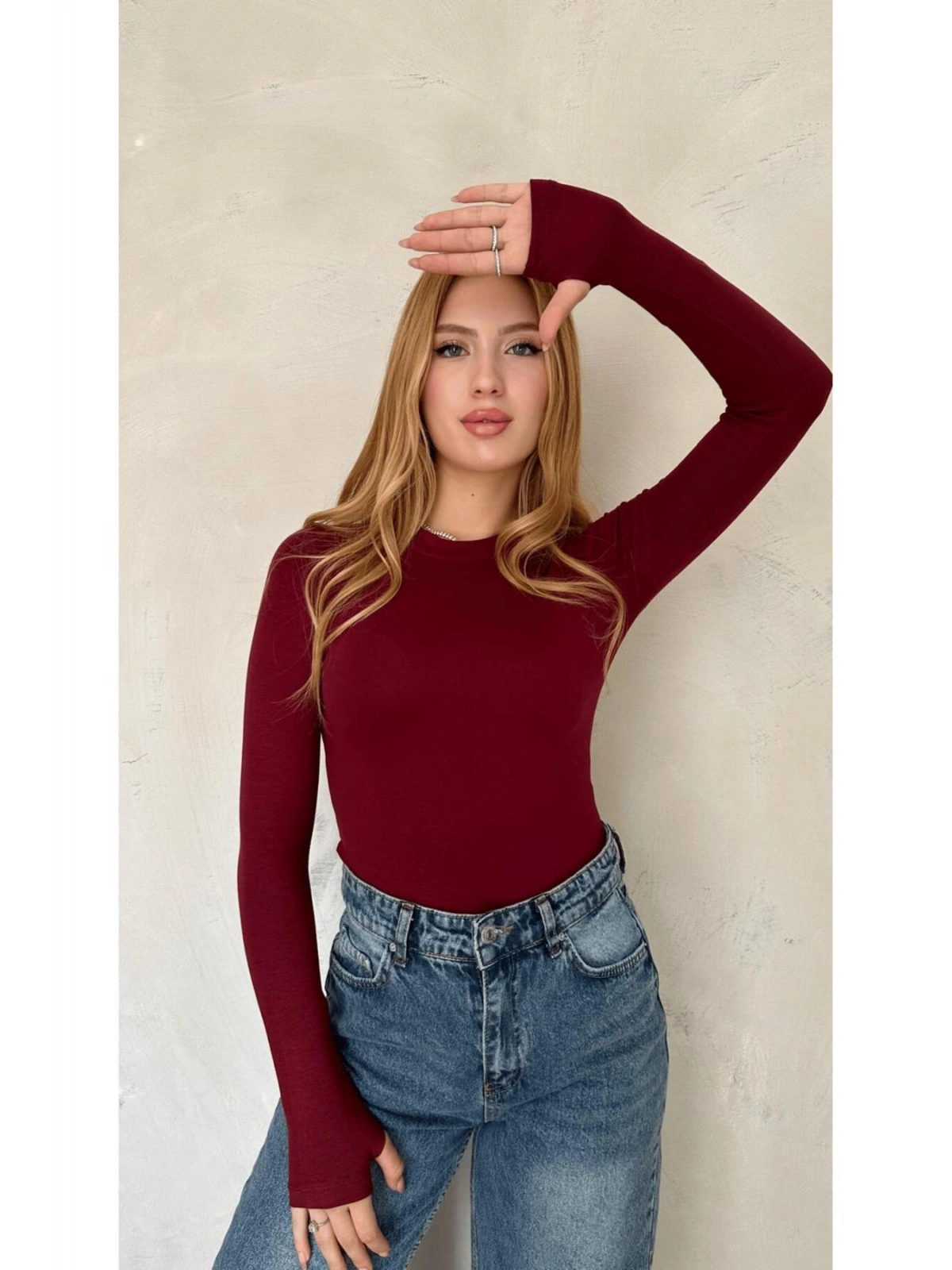Kadın Bordo Likralı Uzun Kollu Basic Body – Fit Kalıp, Esnek ve Yumuşak Dokulu
