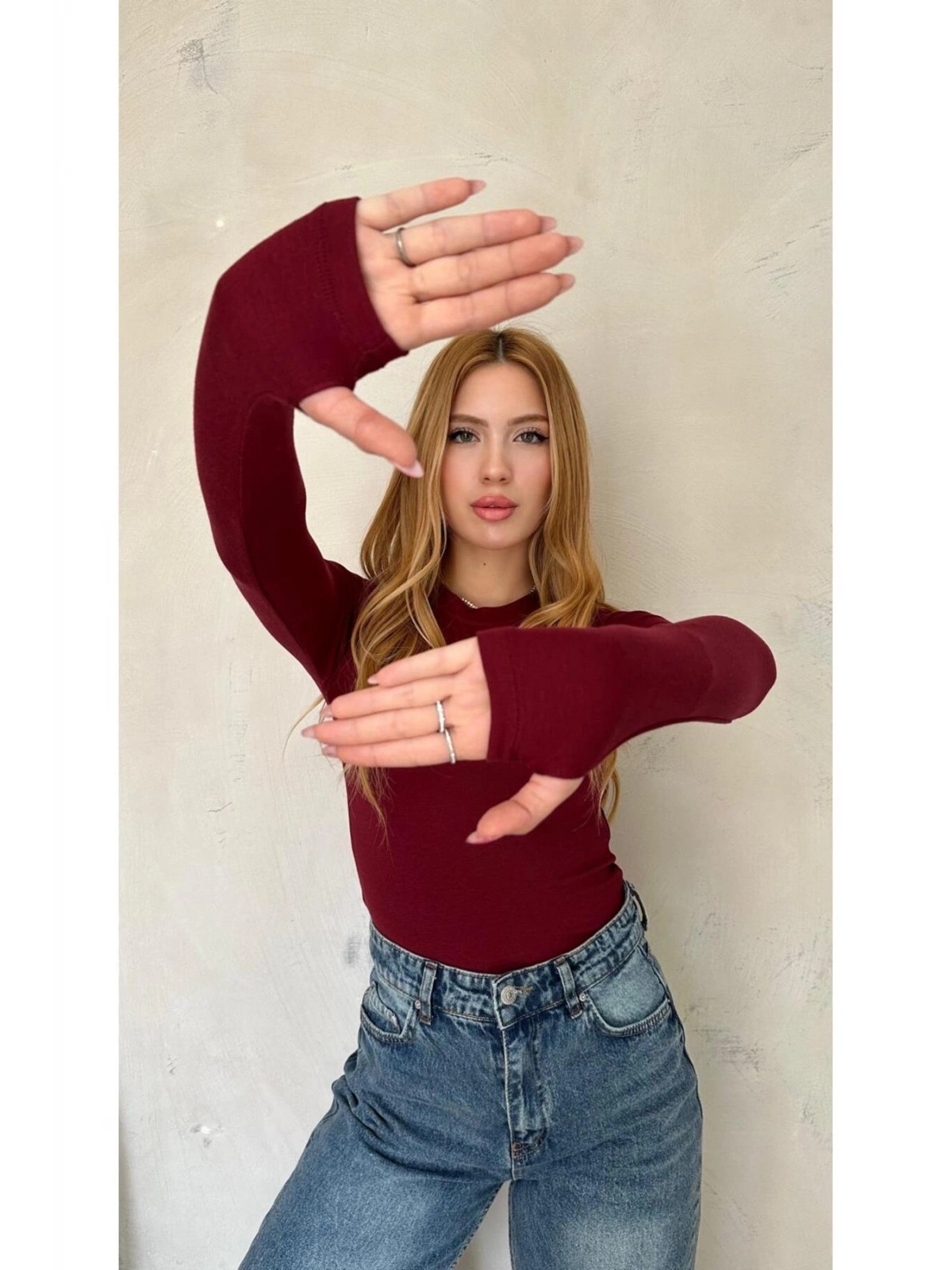 Kadın Bordo Likralı Uzun Kollu Basic Body – Fit Kalıp, Esnek ve Yumuşak Dokulu