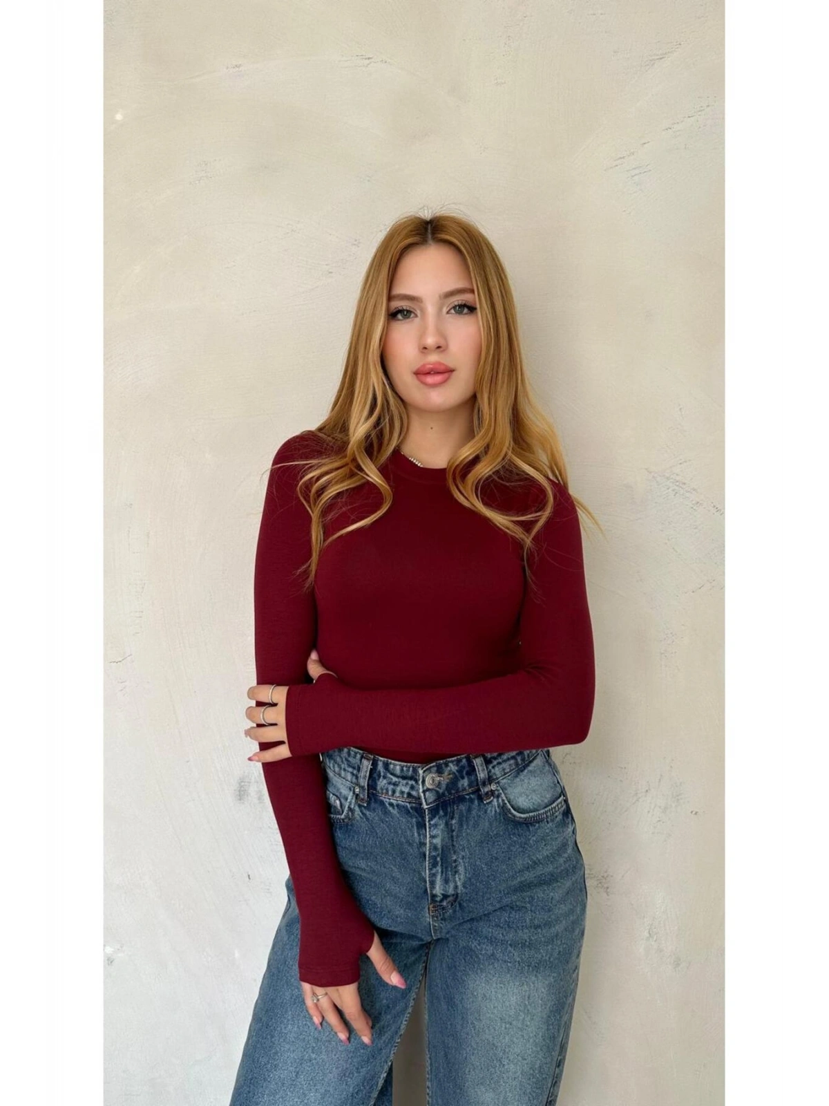 Kadın Bordo Likralı Uzun Kollu Basic Body – Fit Kalıp, Esnek ve Yumuşak Dokulu