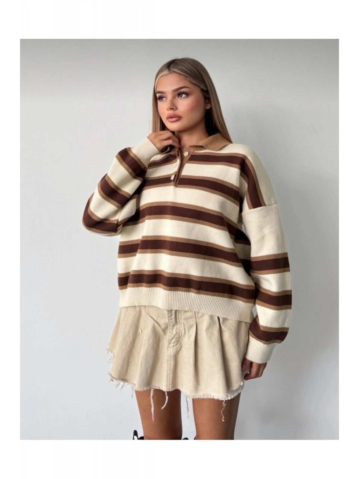 Kadın Çizgili Polo Yaka Oversize Triko Kazak